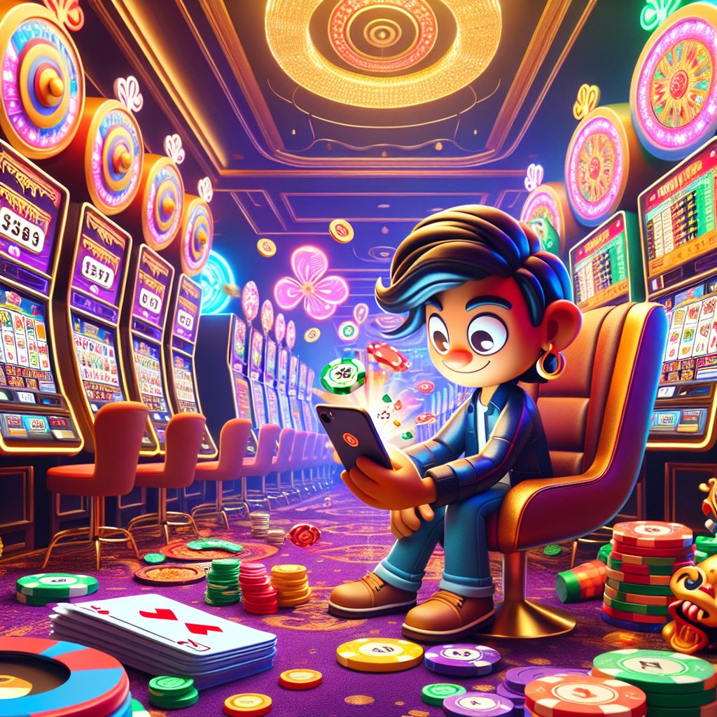 666bk casino style cartoon characters with chips, cards, and mobile gaming elements