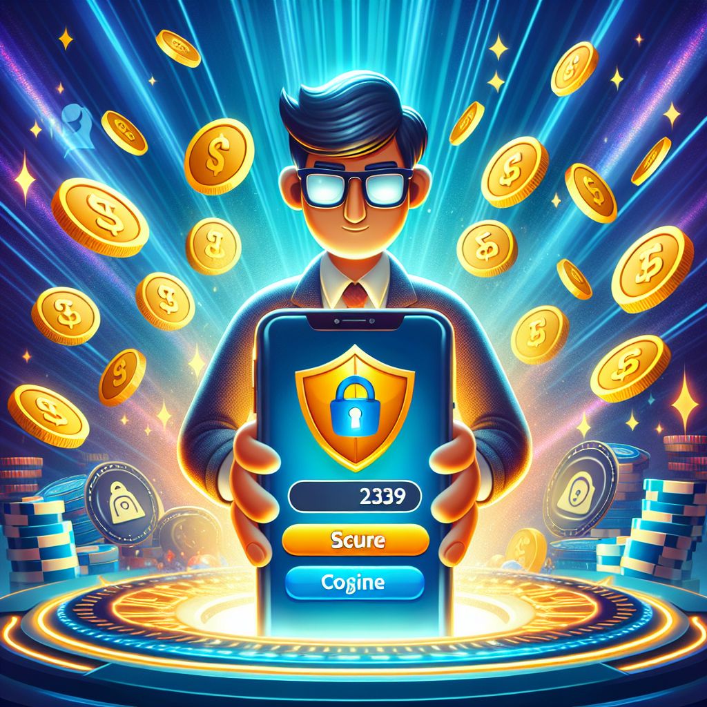 666bk themed cartoon character using a mobile login screen with coins and secure icons